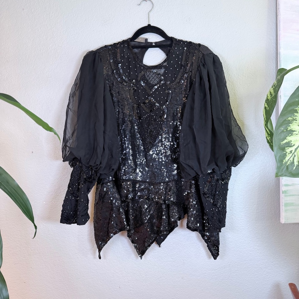 Capriccio Sequined Beaded Sheer Blouson Sleeve Victorian Gothic Romantic Top XL